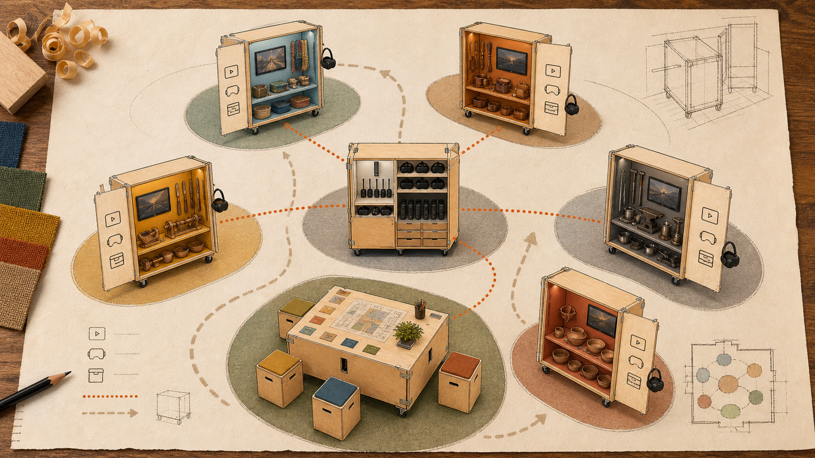 Offlinefaehiges lokales Technikschema mit TECH-Hub, WLAN, Bildschirmen und VR-Brillen