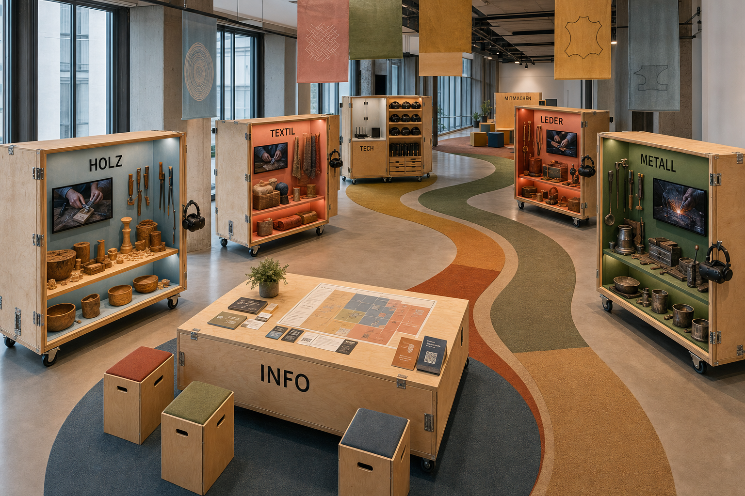 Fliessender Parcours mit Handwerks-Kisten, farbigen Teppichwegen und Materialbannern